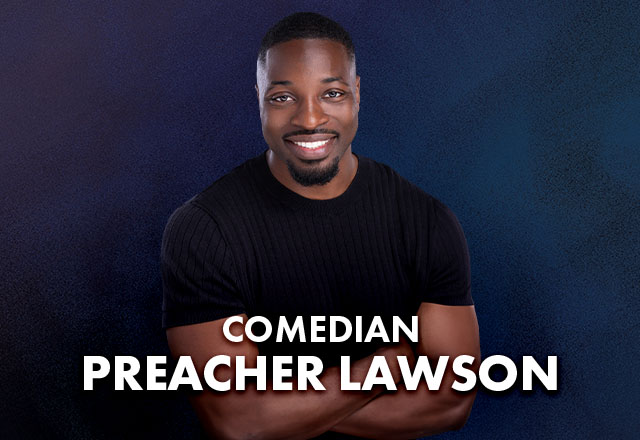 A smiling man in a black shirt poses against a dark blue background, with the text "Comedian Preacher Lawson" prominently displayed.
